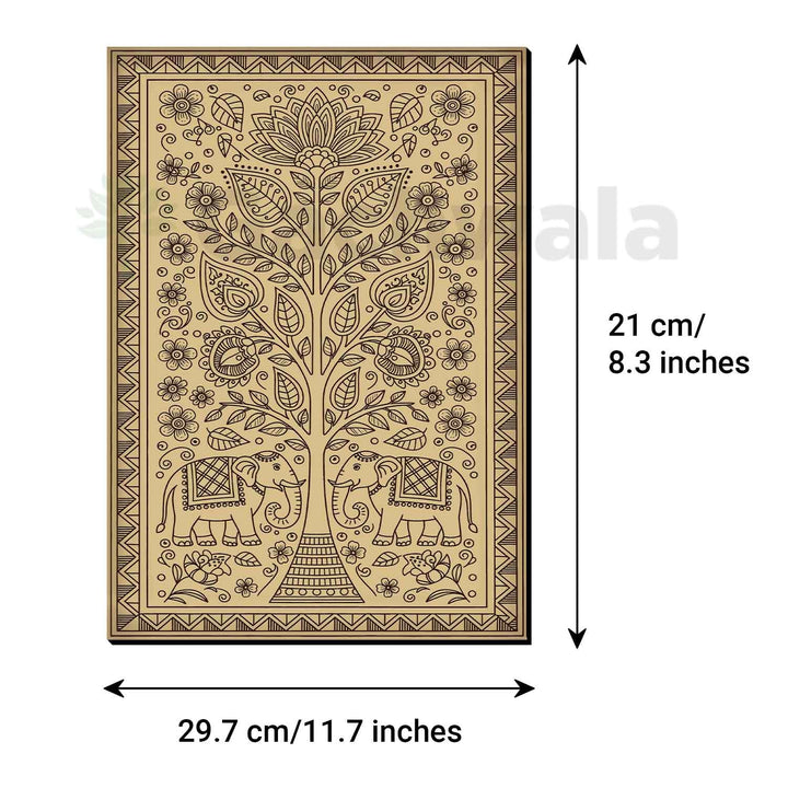 Madhubani Tree of Life Wooden Wall Art | Handcrafted Wood Engraved Indian Folk Art Panel | Traditional Ethnic Home Décor for Living Room, Office &amp; Spiritual Spaces