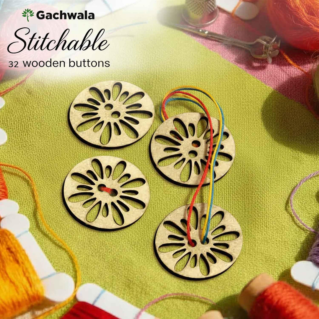 32 Pieces Round Wooden Buttons for Sewing | Natural Design Wooden Buttons | Stitchable Buttons for Kurtas, Craft, Embroidery &amp; DIY Projects (Flower-2-Hole-Btn-32)