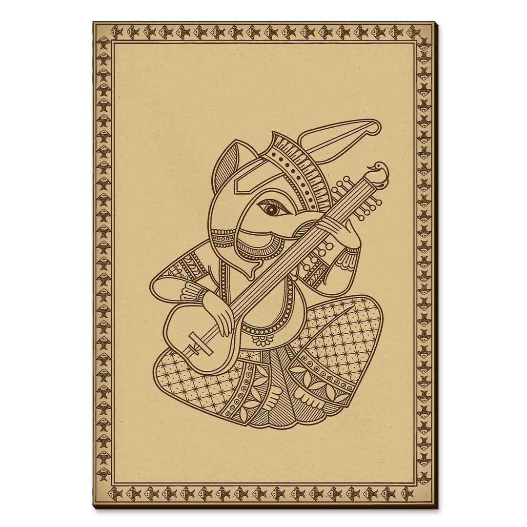 Ganesha Madhubani Wooden Wall Art | Handcrafted Wood Engraved Lord Ganesha with Musical Motifs | Traditional Indian Folk Art Décor for Living Room, Pooja Room, Office &amp; Spiritual Spaces