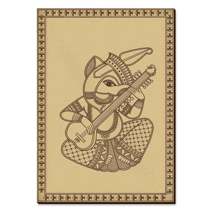 Ganesha Madhubani Wooden Wall Art | Handcrafted Wood Engraved Lord Ganesha with Musical Motifs | Traditional Indian Folk Art Décor for Living Room, Pooja Room, Office &amp; Spiritual Spaces