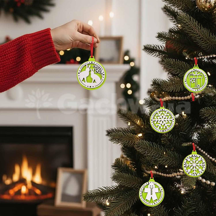 Set of 15 Handicraft Wooden Christmas Decor (Green) | Snowflake, Gingerbread, Bell, Star &amp; Reindeer Ornaments | Festive Hanging &amp; Tree Decoration for Church &amp; Home Décor