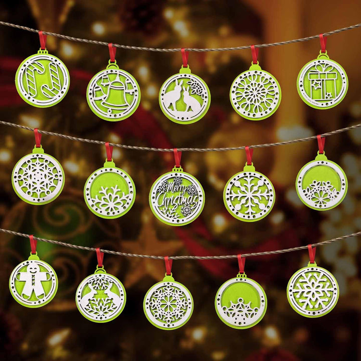 Set of 15 Handicraft Wooden Christmas Decor (Green) | Snowflake, Gingerbread, Bell, Star &amp; Reindeer Ornaments | Festive Hanging &amp; Tree Decoration for Church &amp; Home Décor