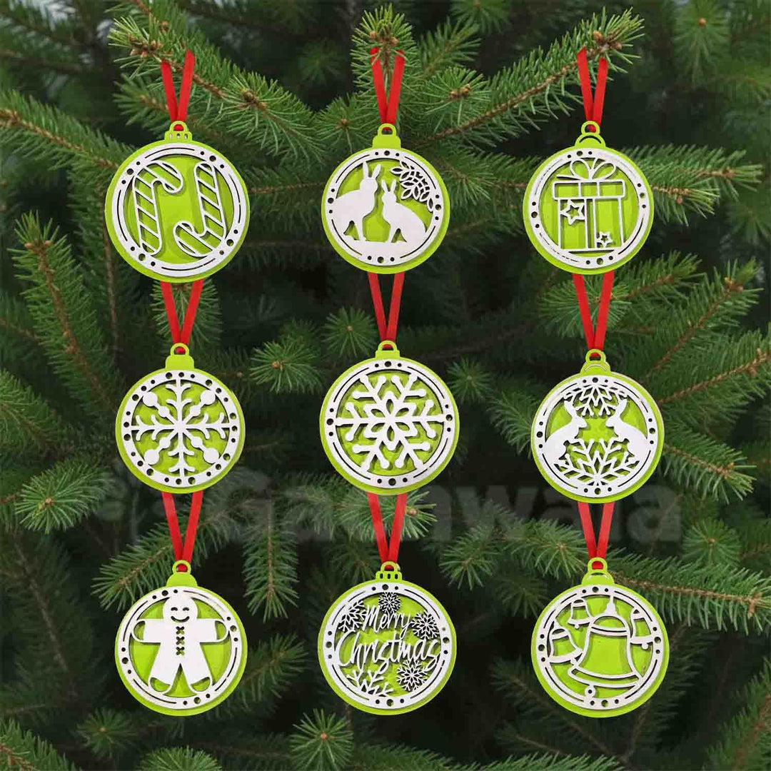 Set of 15 Handicraft Wooden Christmas Decor (Green) | Snowflake, Gingerbread, Bell, Star &amp; Reindeer Ornaments | Festive Hanging &amp; Tree Decoration for Church &amp; Home Décor