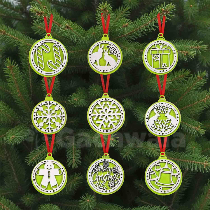 Set of 15 Handicraft Wooden Christmas Decor (Green) | Snowflake, Gingerbread, Bell, Star &amp; Reindeer Ornaments | Festive Hanging &amp; Tree Decoration for Church &amp; Home Décor
