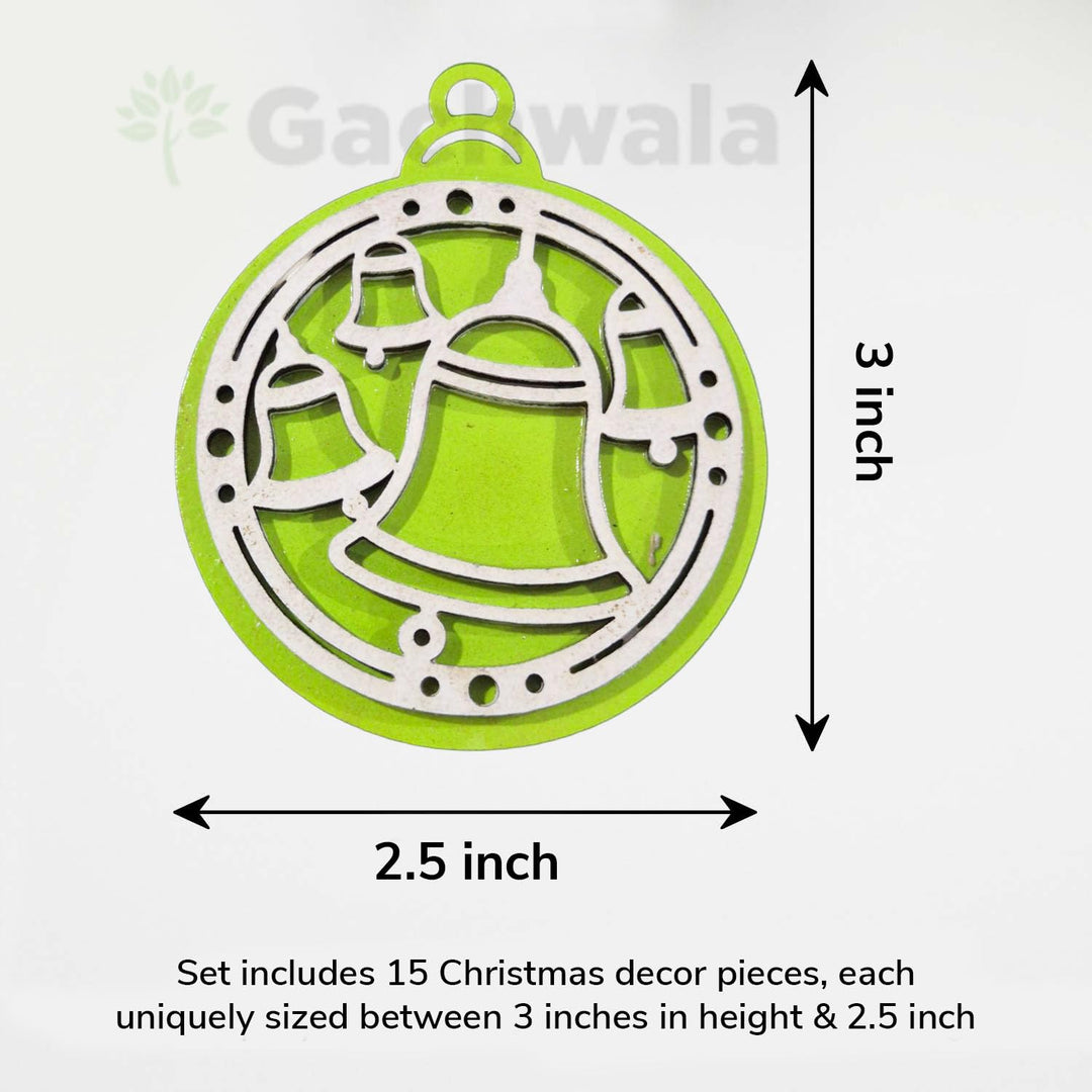 Set of 15 Handicraft Wooden Christmas Decor (Green) | Snowflake, Gingerbread, Bell, Star &amp; Reindeer Ornaments | Festive Hanging &amp; Tree Decoration for Church &amp; Home Décor