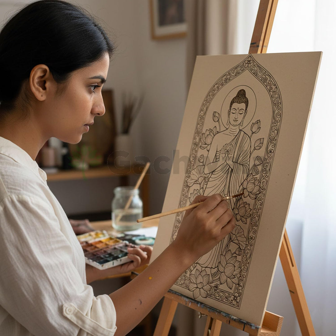 Buddha Madhubani Wooden Wall Art | Handcrafted Wood Engraved Lord Buddha with Lotus Motifs | Traditional Indian Folk Art Spiritual Décor for Living Room, Bedroom, Meditation &amp; Pooja Room