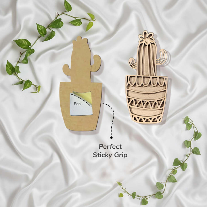 3D Wooden Cactus &amp; Plant Shape Sticky Wall Decor Pack of 4 | Handcrafted Decorative Pieces for Living Room, Bedroom, Dining Room, Drawing Room &amp; Office | Desert-Themed Botanical Home Decoration Set