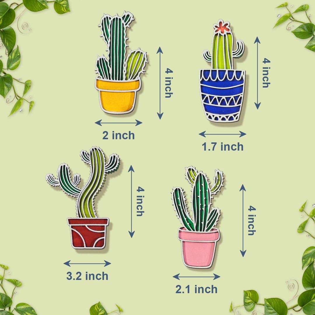 3D Wooden Colorful Cactus Sticky Wall Decor Pack of 4 | Handcrafted Decorative Plant Shape Wall Pieces for Living Room, Bedroom, Dining Room &amp; Office | Desert-Themed Botanical Home Decoration Set