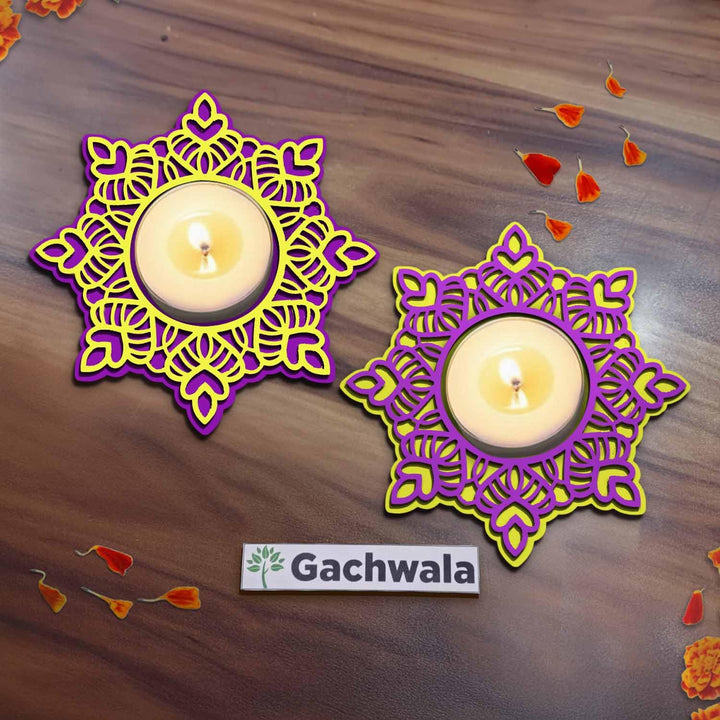 3D Wooden Floral Handicraft Tea Light Candle Holders | Decorative Set for Diwali, Christmas &amp; Festive Home Décor | Handcrafted 3D Tea Light Holders for Living Room &amp; Table Decoration (Style 1)
