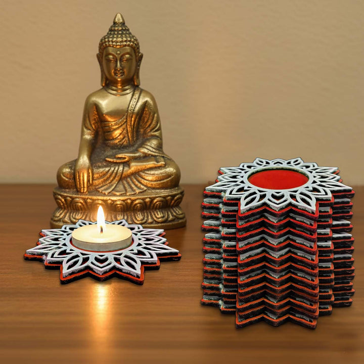 Wooden Floral Tea Light Candle Holders &amp; Diya Stands | Decorative Candle Holders for Diwali, Christmas &amp; Festive Home Decor