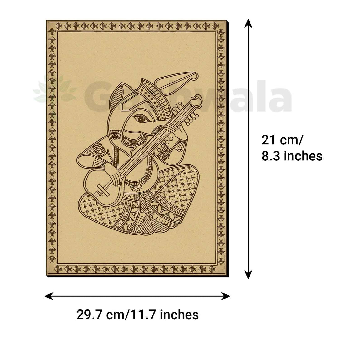 Ganesha Madhubani Wooden Wall Art | Handcrafted Wood Engraved Lord Ganesha with Musical Motifs | Traditional Indian Folk Art Décor for Living Room, Pooja Room, Office &amp; Spiritual Spaces