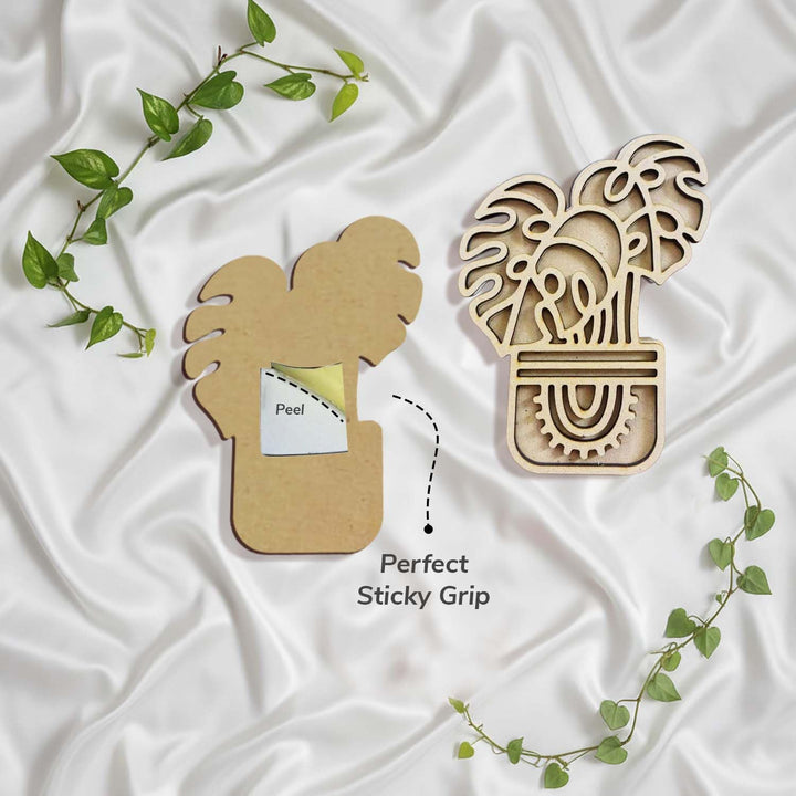 3D Wooden Tropical Leaf &amp; Plant Shape Sticky Wall Decor Pack of 4 | Handcrafted Decorative Pieces for Living Room, Bedroom, Dining Room, Drawing Room &amp; Office | Exotic Botanical Home Decoration Set