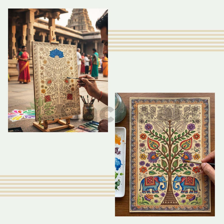 Madhubani Tree of Life Wooden Wall Art | Handcrafted Wood Engraved Indian Folk Art Panel | Traditional Ethnic Home Décor for Living Room, Office &amp; Spiritual Spaces