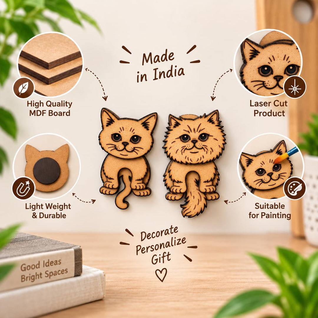 Gachwala Cat Fridge Magnets, Pack of 2 | Wooden MDF Cat Magnets for Refrigerator, Magnetic Whiteboard, Office Cabinet &amp; Locker | Laser-Cut Cat Decor &amp; Note Holder | Home &amp; Gifting