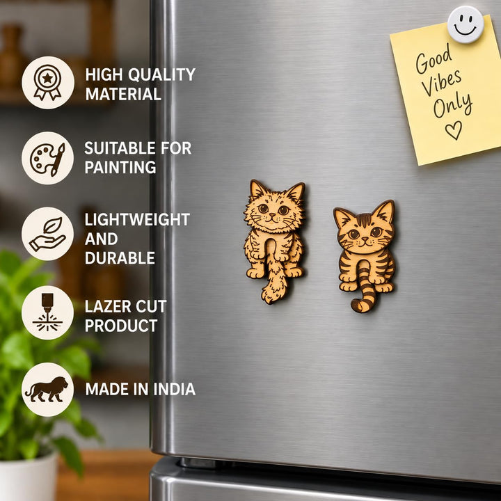 Gachwala Cute Cat Fridge Magnets, Pack of 2 | Movable Head &amp; Body Magnetic Decor, Laser Cut MDF Craft, Lightweight Refrigerator Magnets for Home, Office, Locker &amp; Gifting