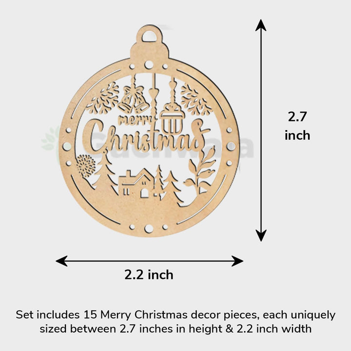 Merry Christmas Wooden Hanging Ornaments – Set of 15 | Laser Cut Xmas Bauble Decorations with Church &amp; Snowflake Design | Wooden Christmas Tree Hanging Décor for Home, Party &amp; Festive Decoration