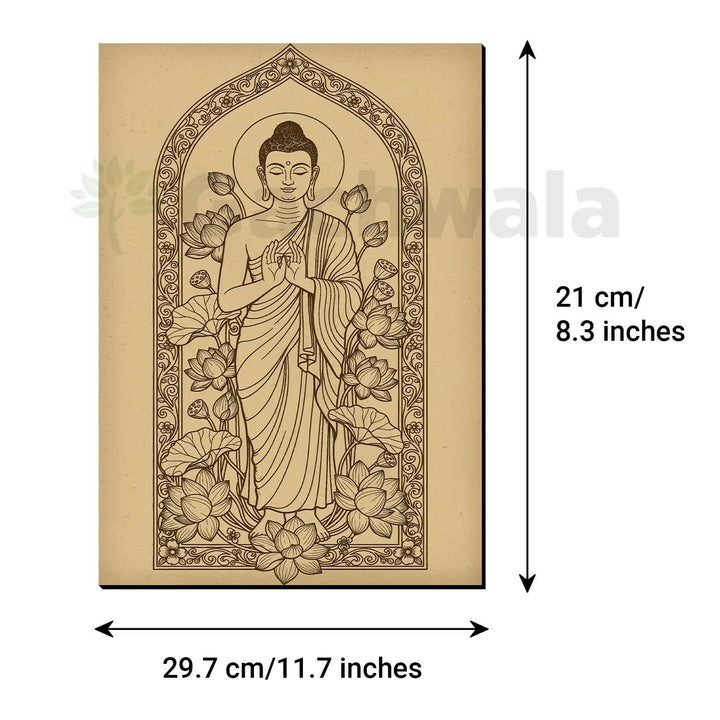 Buddha Madhubani Wooden Wall Art | Handcrafted Wood Engraved Lord Buddha with Lotus Motifs | Traditional Indian Folk Art Spiritual Décor for Living Room, Bedroom, Meditation &amp; Pooja Room