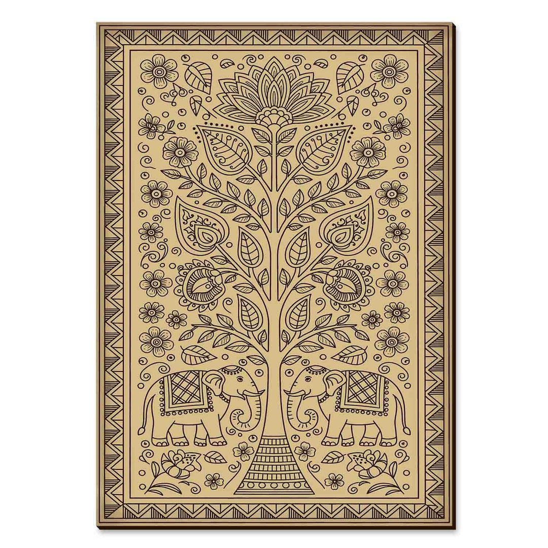 Madhubani Tree of Life Wooden Wall Art | Handcrafted Wood Engraved Indian Folk Art Panel | Traditional Ethnic Home Décor for Living Room, Office &amp; Spiritual Spaces