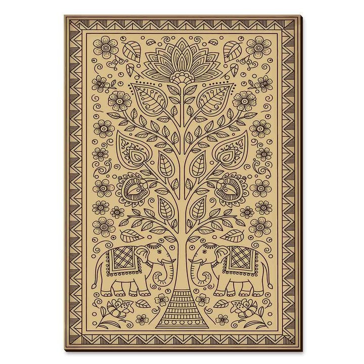 Madhubani Tree of Life Wooden Wall Art | Handcrafted Wood Engraved Indian Folk Art Panel | Traditional Ethnic Home Décor for Living Room, Office &amp; Spiritual Spaces