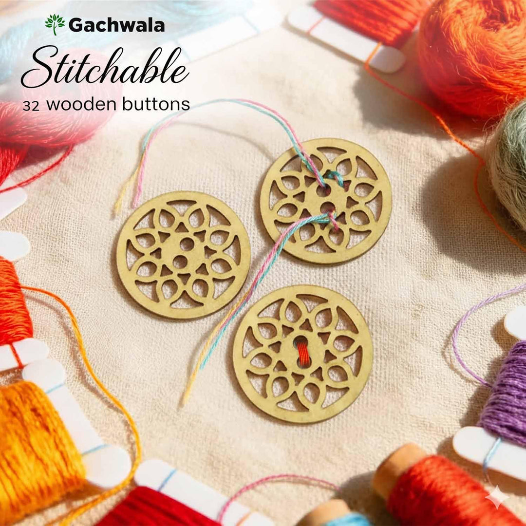 32 Pieces Round Wooden Buttons for Sewing | Natural Design Wooden Buttons | Stitchable Buttons for Kurtas, Craft, Embroidery &amp; DIY Projects (Mandala-2-Hole-Btn-32)