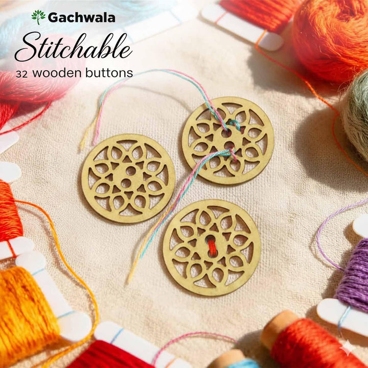32 Pieces Round Wooden Buttons for Sewing | Natural Design Wooden Buttons | Stitchable Buttons for Kurtas, Craft, Embroidery &amp; DIY Projects (Mandala-2-Hole-Btn-32)