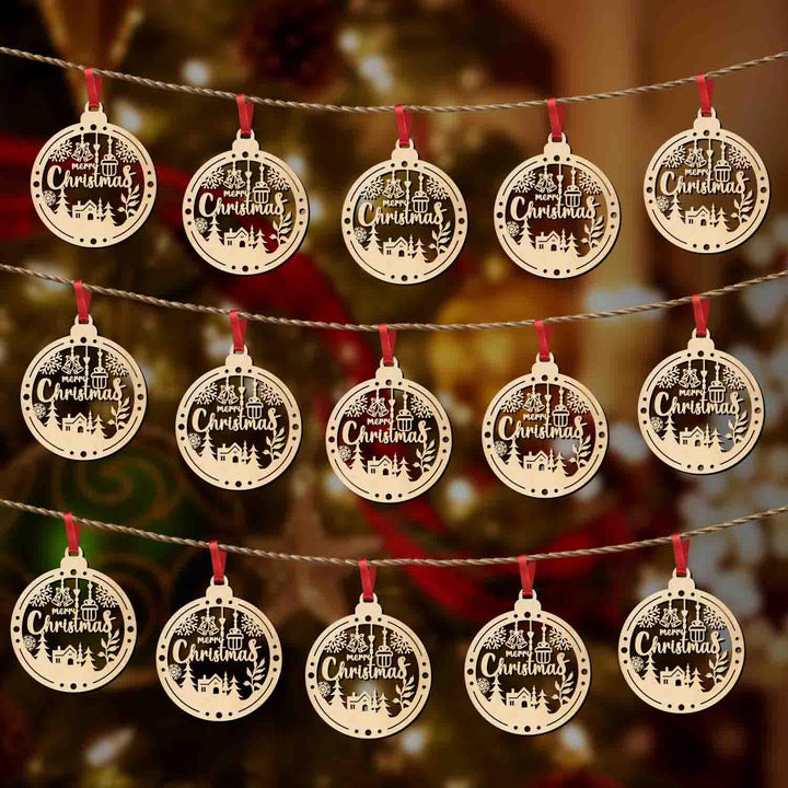 Merry Christmas Wooden Hanging Ornaments – Set of 15 | Laser Cut Xmas Bauble Decorations with Church &amp; Snowflake Design | Wooden Christmas Tree Hanging Décor for Home, Party &amp; Festive Decoration