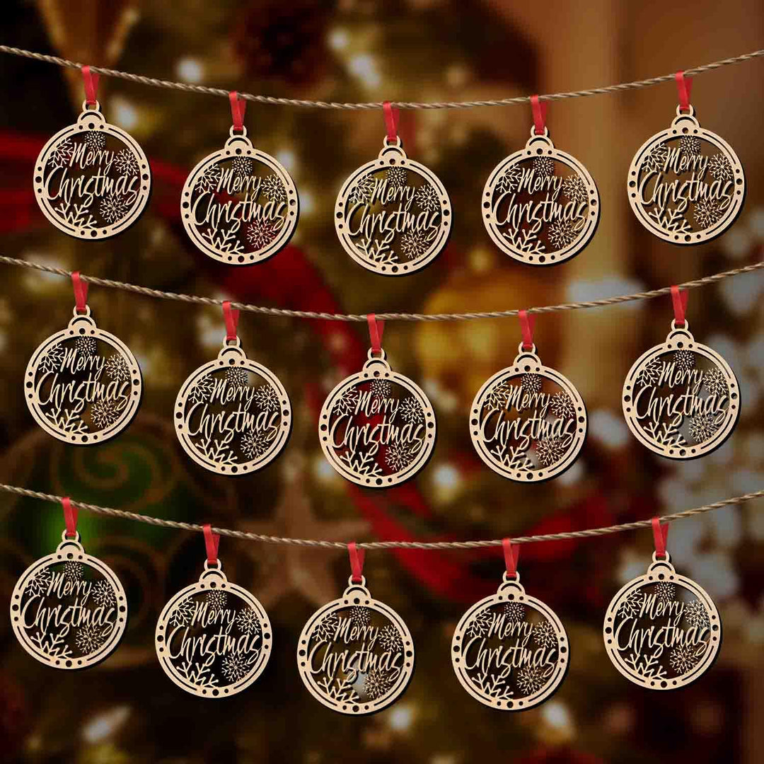 Merry Christmas Wooden Hanging Ornaments – Set of 15 | Laser Cut Christmas Tree Decorations | Xmas Hanging Baubles for Home Decor, Party Décor, Gifts &amp; Festive Celebration