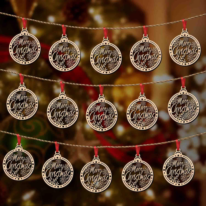 Merry Christmas Wooden Hanging Ornaments – Set of 15 | Laser Cut Christmas Tree Decorations | Xmas Hanging Baubles for Home Decor, Party Décor, Gifts &amp; Festive Celebration