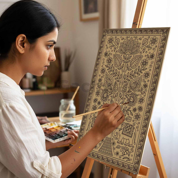 Madhubani Tree of Life Wooden Wall Art | Handcrafted Wood Engraved Indian Folk Art Panel | Traditional Ethnic Home Décor for Living Room, Office &amp; Spiritual Spaces