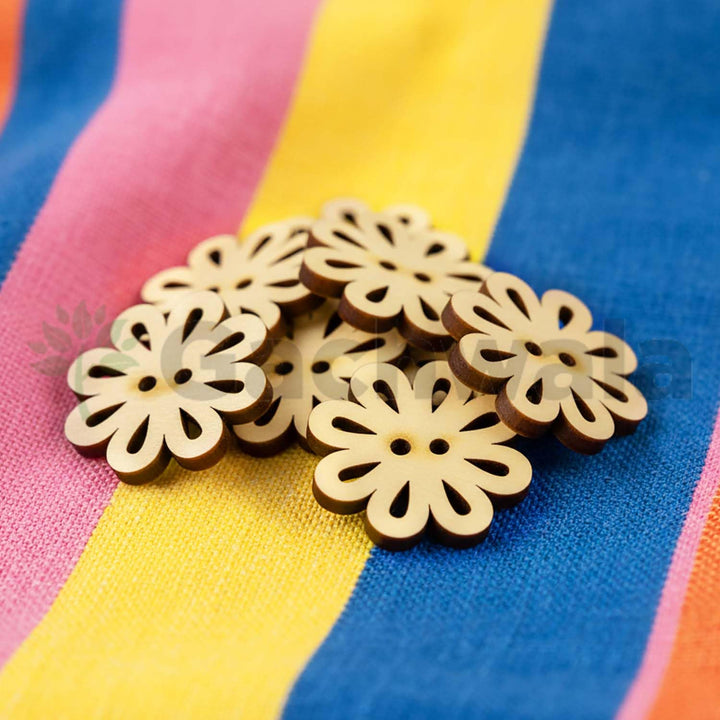 32 Pieces Round Wooden Buttons for Sewing | Natural Design Wooden Buttons | Stitchable Buttons for Kurtas, Craft, Embroidery &amp; DIY Projects (Petal-2-Hole-Btn-32)