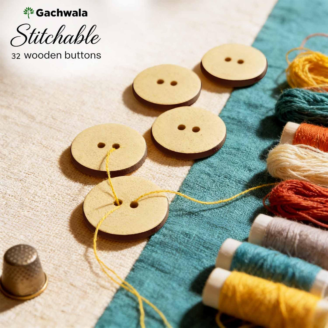 Gachwala 32 Pieces Round Wooden Buttons for Sewing | Natural Design Wooden Buttons | Stitchable Buttons for Kurtas, Craft, Embroidery &amp; DIY Projects (SimpleCircle-2-Hole-Btn-32)
