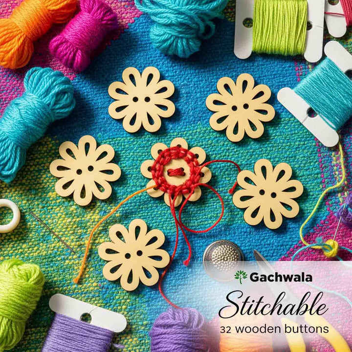 32 Pieces Round Wooden Buttons for Sewing | Natural Design Wooden Buttons | Stitchable Buttons for Kurtas, Craft, Embroidery &amp; DIY Projects (Petal-2-Hole-Btn-32)