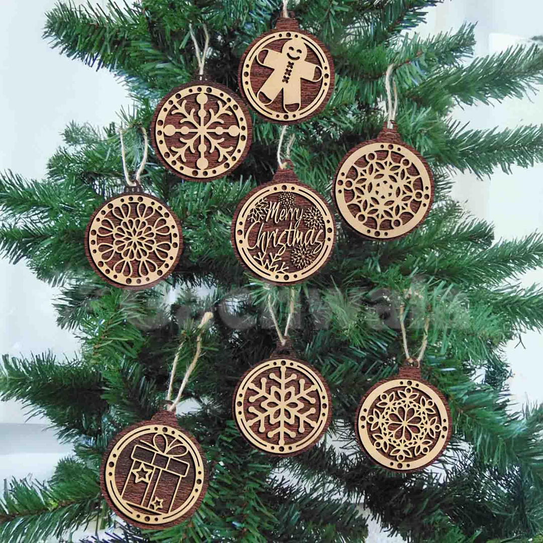 Set of 15 Premium Wooden Christmas Hanging Ornaments – Set of Decorative Xmas Tree Baubles with Laser Cut Designs | Reusable Festive Hanging Décor for Home, Office, Party (Raw)