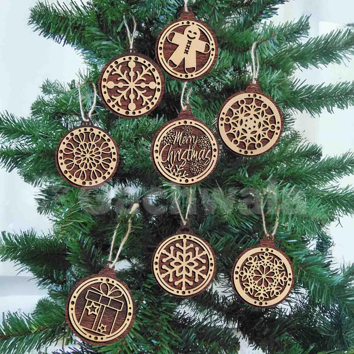 Set of 15 Premium Wooden Christmas Hanging Ornaments – Set of Decorative Xmas Tree Baubles with Laser Cut Designs | Reusable Festive Hanging Décor for Home, Office, Party (Raw)