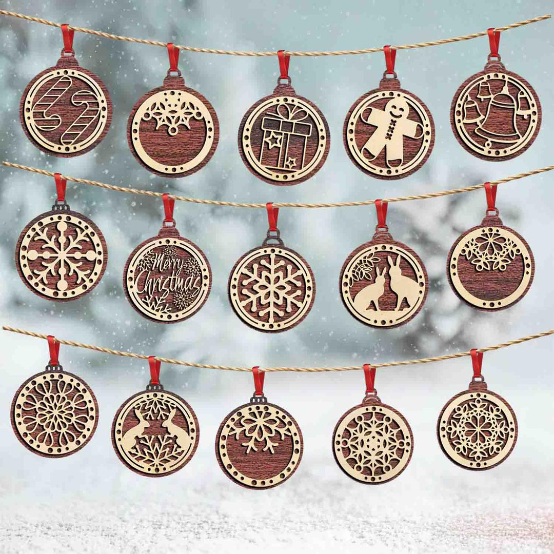 Set of 15 Premium Wooden Christmas Hanging Ornaments – Set of Decorative Xmas Tree Baubles with Laser Cut Designs | Reusable Festive Hanging Décor for Home, Office, Party (Raw)