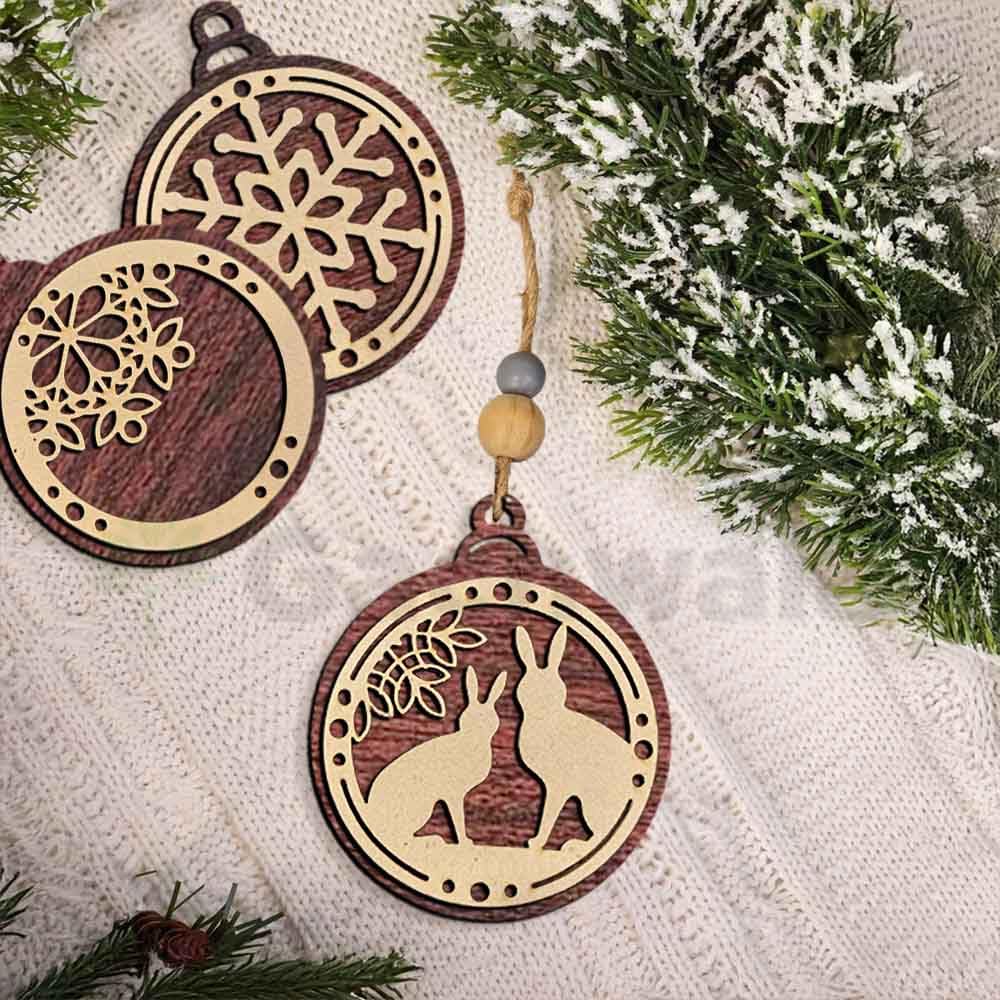 Set of 15 Premium Wooden Christmas Hanging Ornaments – Set of Decorative Xmas Tree Baubles with Laser Cut Designs | Reusable Festive Hanging Décor for Home, Office, Party (Raw)