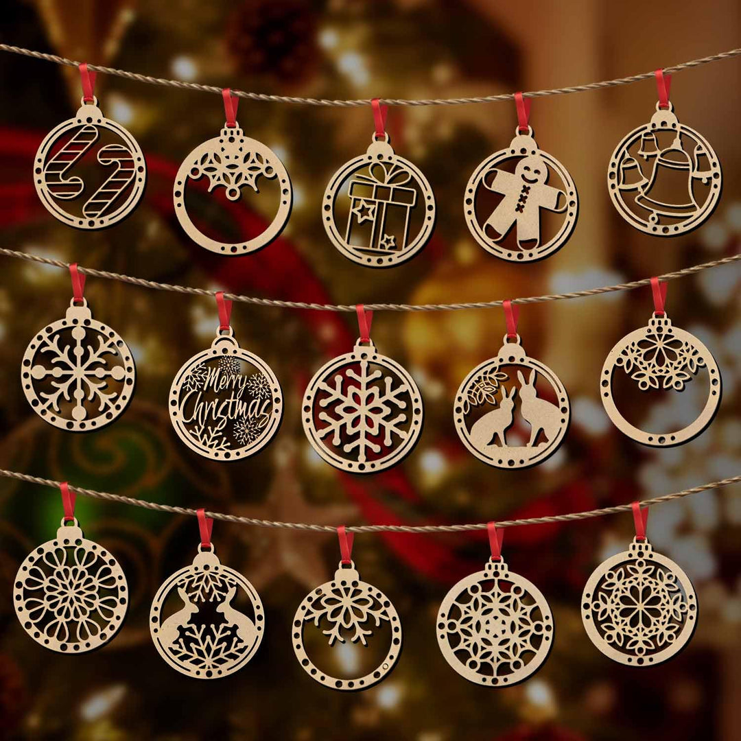 Set of 15 Raw Wooden Christmas Décor Pieces (Without Base) | Snowflake, Gingerbread, Bell, Candy Cane &amp; Christmas Charm Ornaments | Handcrafted Hanging &amp; Tree Decoration for Home &amp; Church