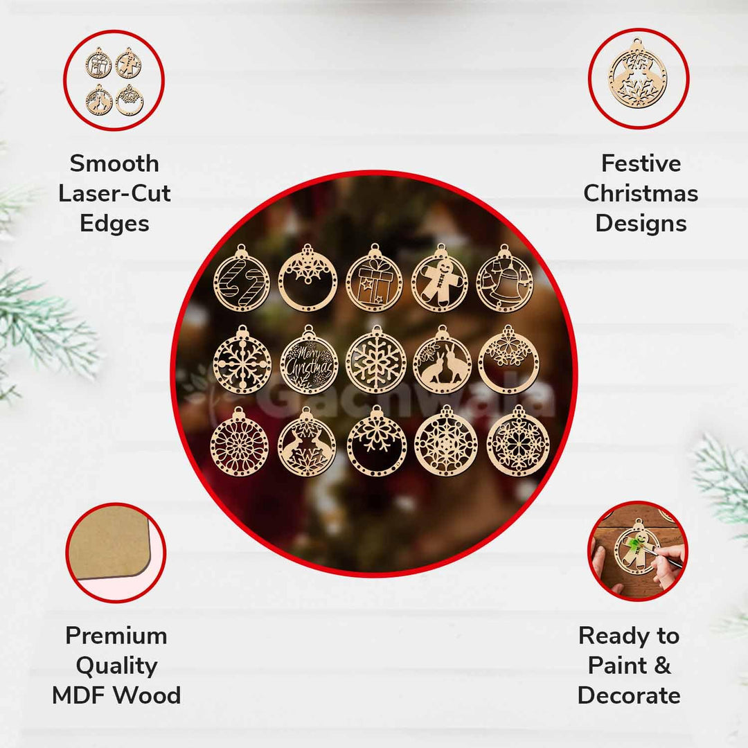 Set of 15 Raw Wooden Christmas Décor Pieces (Without Base) | Snowflake, Gingerbread, Bell, Candy Cane &amp; Christmas Charm Ornaments | Handcrafted Hanging &amp; Tree Decoration for Home &amp; Church