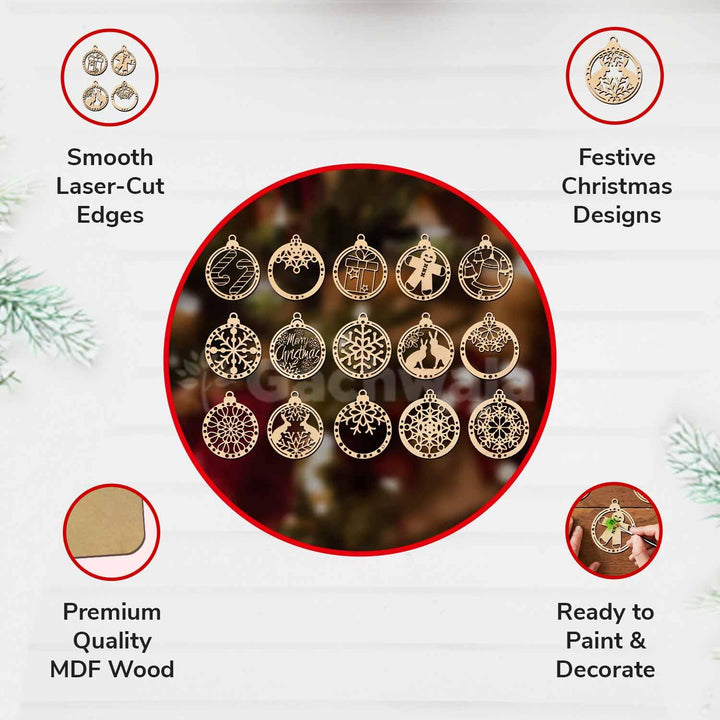 Set of 15 Raw Wooden Christmas Décor Pieces (Without Base) | Snowflake, Gingerbread, Bell, Candy Cane &amp; Christmas Charm Ornaments | Handcrafted Hanging &amp; Tree Decoration for Home &amp; Church
