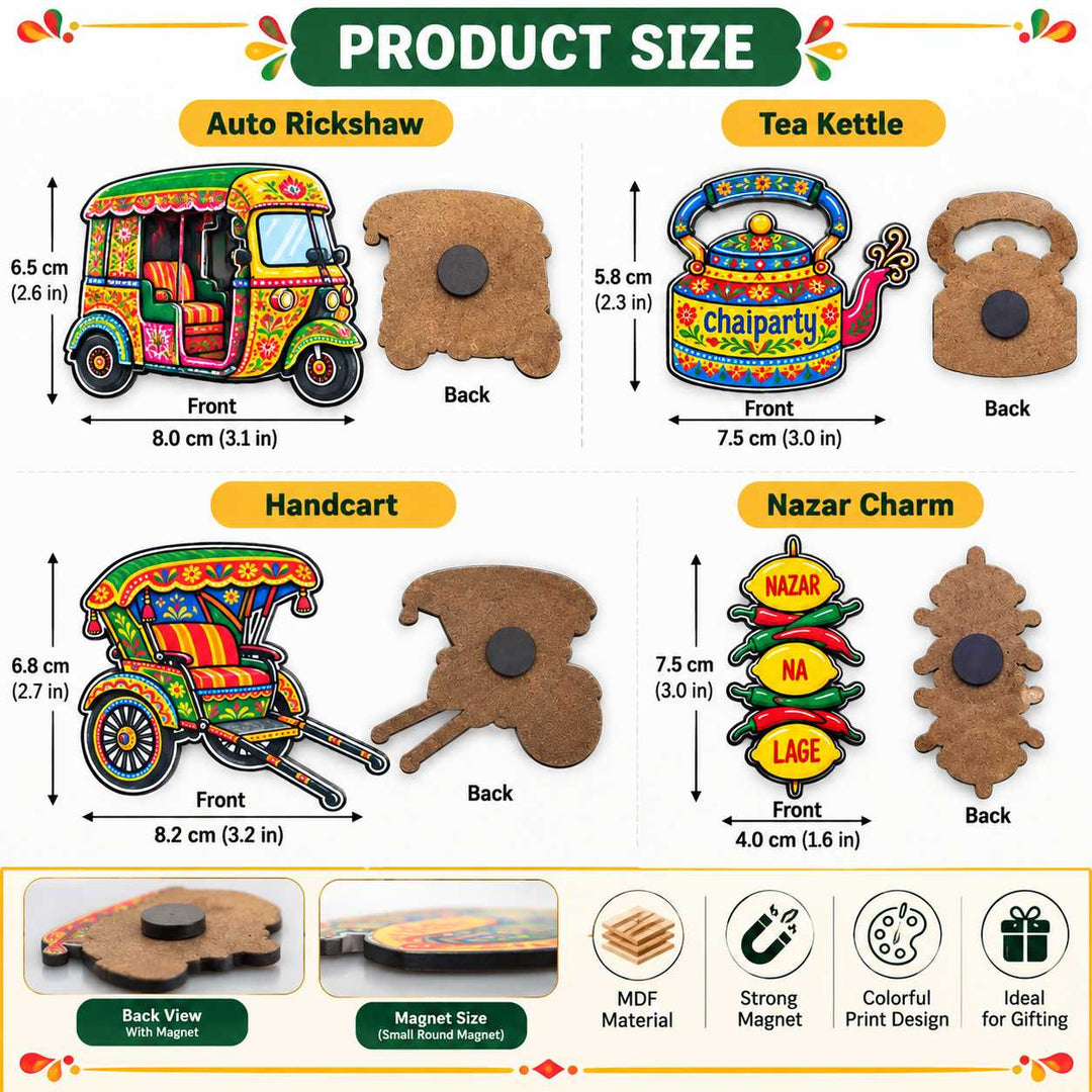 Indian Folk Art Fridge Magnets Set of 4 | Auto Rickshaw, Handcart, Tea Kettle &amp; Nazar Charm | MDF Magnetic Accessories for Refrigerator, Locker, Office, Home &amp; Gifting