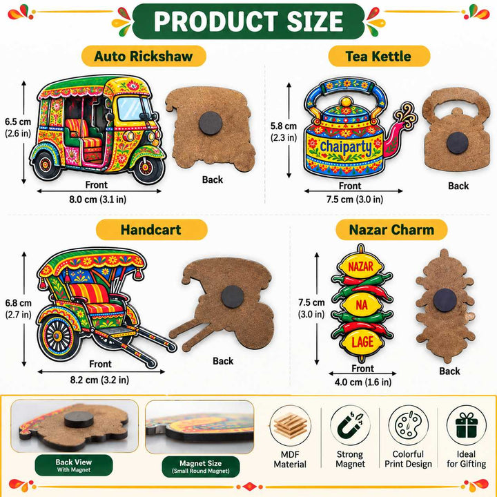 Indian Folk Art Fridge Magnets Set of 4 | Auto Rickshaw, Handcart, Tea Kettle &amp; Nazar Charm | MDF Magnetic Accessories for Refrigerator, Locker, Office, Home &amp; Gifting