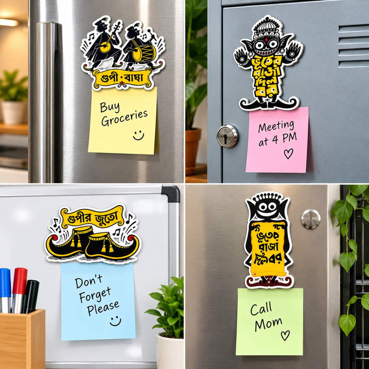 Bhuter Raja Dilo BOR Fridge Magnets, Pack of 4 | Bengali Folk Art &amp; Cultural Decor, Layered MDF Magnetic Accessories for Refrigerator, Locker, Office, Home &amp; Gifting