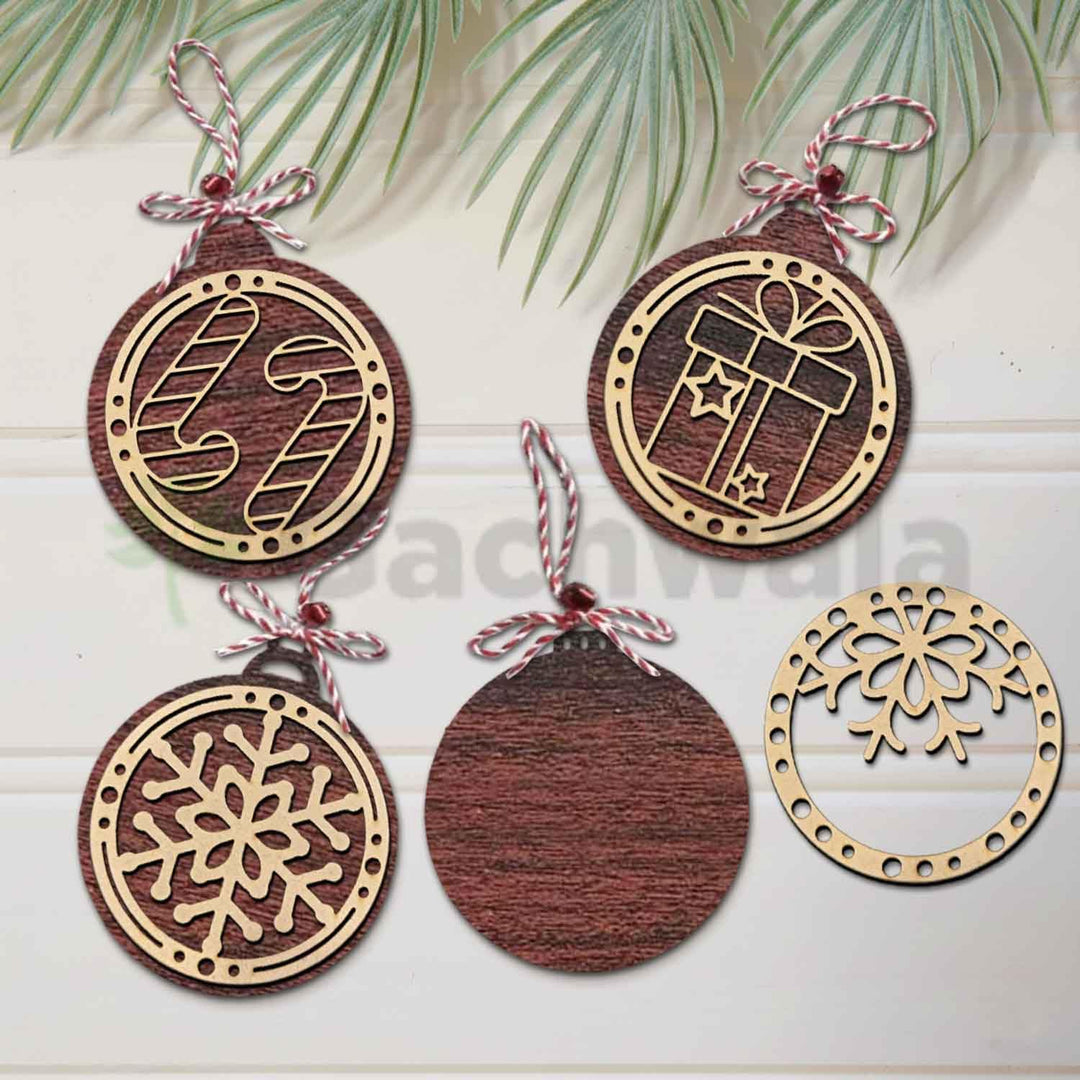 Set of 15 Premium Wooden Christmas Hanging Ornaments – Set of Decorative Xmas Tree Baubles with Laser Cut Designs | Reusable Festive Hanging Décor for Home, Office, Party (Raw)