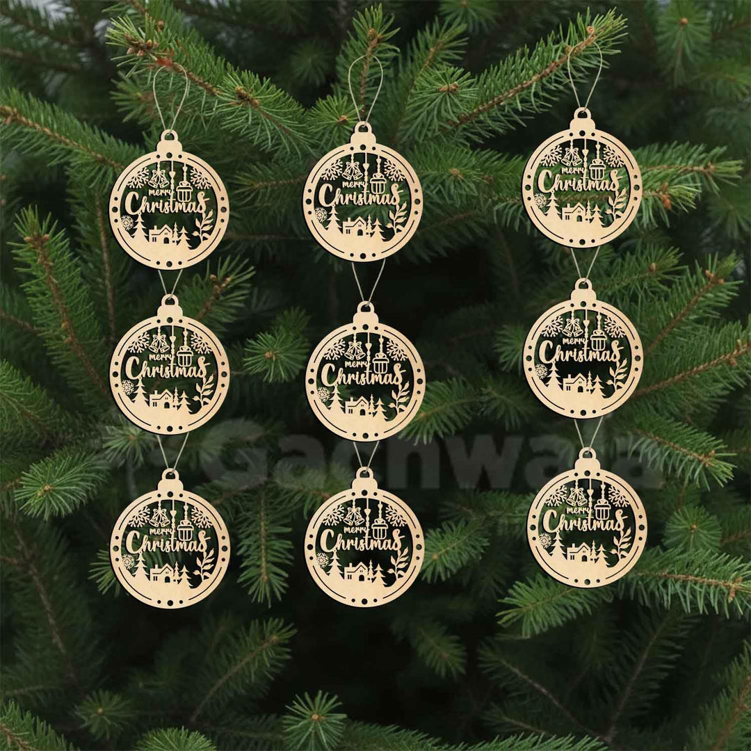 Merry Christmas Wooden Hanging Ornaments – Set of 15 | Laser Cut Xmas Bauble Decorations with Church &amp; Snowflake Design | Wooden Christmas Tree Hanging Décor for Home, Party &amp; Festive Decoration