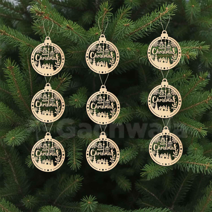 Merry Christmas Wooden Hanging Ornaments – Set of 15 | Laser Cut Xmas Bauble Decorations with Church &amp; Snowflake Design | Wooden Christmas Tree Hanging Décor for Home, Party &amp; Festive Decoration
