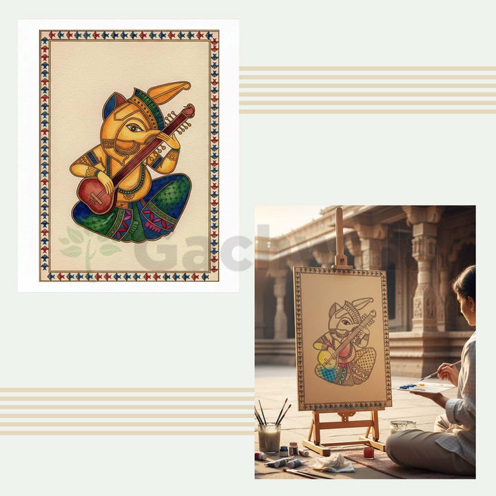 Ganesha Madhubani Wooden Wall Art | Handcrafted Wood Engraved Lord Ganesha with Musical Motifs | Traditional Indian Folk Art Décor for Living Room, Pooja Room, Office &amp; Spiritual Spaces