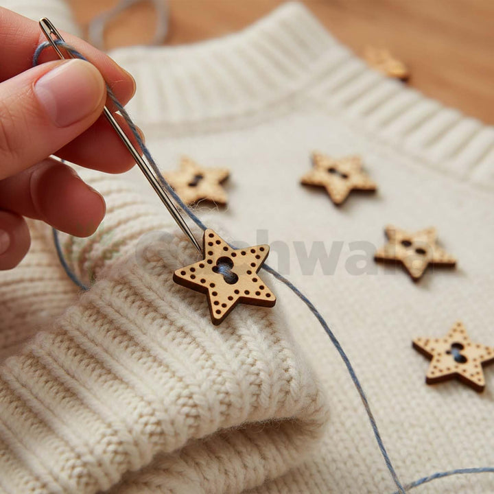 50 Pieces Wooden Buttons for Clothes | Natural Round Wooden Shirt Buttons for Men &amp; Women | Ideal for Kurtas, Kurtis, Sewing, Crafts &amp; Embroidery (Design 3 - Star)