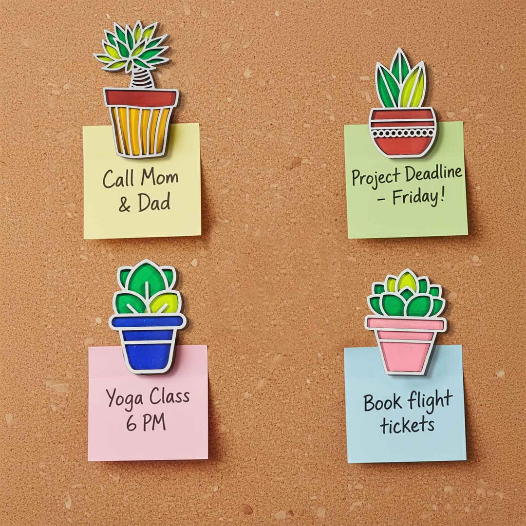 3D Wooden Succulent Shape Sticky Wall Decor Pack of 4 | Handcrafted Decorative Pieces for Living Room, Bedroom, Dining Room, Drawing Room &amp; Office | Modern Botanical Home Decoration Set
