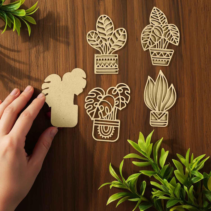 3D Wooden Tropical Leaf &amp; Plant Shape Sticky Wall Decor Pack of 4 | Handcrafted Decorative Pieces for Living Room, Bedroom, Dining Room, Drawing Room &amp; Office | Exotic Botanical Home Decoration Set