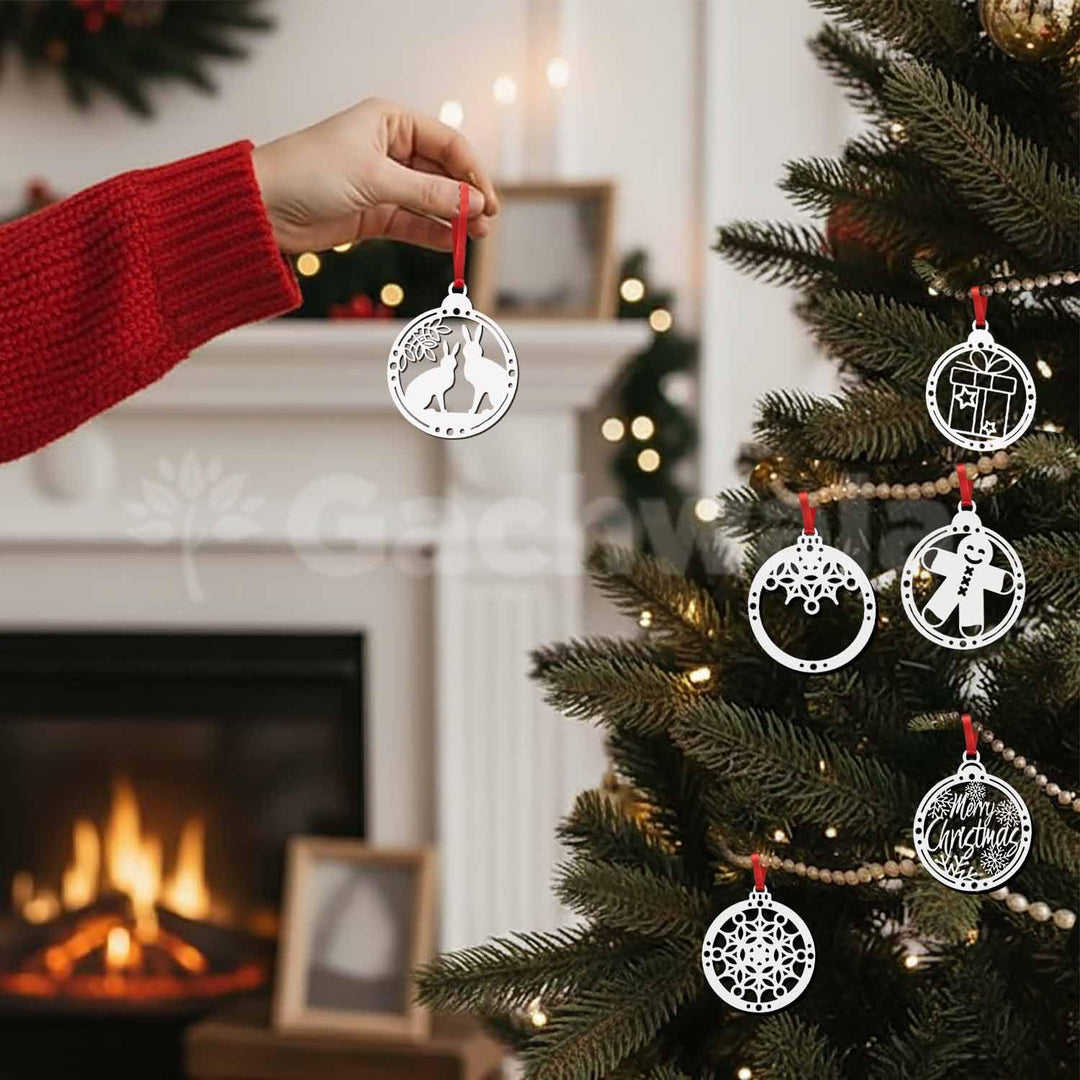 Set of 15 White Wooden Christmas Décor Pieces (Without Base) | Snowflake, Gingerbread, Bell, Candy Cane &amp; Christmas Charm Ornaments | Handcrafted Hanging &amp; Tree Decoration for Home &amp; Church (White)